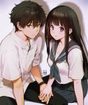  1boy 1girl artist_logo bangs black_hair black_sailor_collar breasts brown_hair brown_pants chitanda_eru closed_mouth collared_shirt dress_shirt green_eyes highres holding_hands hyouka kamiyama_high_school_uniform long_hair looking_at_viewer medium_breasts mery_(yangmalgage) neckerchief oreki_houtarou pants parted_lips sailor_collar school_uniform serafuku shirt short_sleeves sitting skirt violet_eyes watch watch white_shirt 