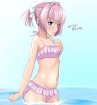  1girl ame-san bikini blue_background blue_eyes breasts commentary_request cowboy_shot dated frilled_bikini frills hand_on_own_chest highres kantai_collection pink_bikini pink_hair ponytail shiranui_(kancolle) short_hair small_breasts soaking_feet solo swimsuit twitter_username water 