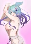  1girl absurdres animal_ears armpits arms_up blue_eyes blue_hair breasts cross_hair_ornament dragon_ears elira_pendora fangs fullrain88 gradient_hair hair_ornament hair_over_one_eye highres long_hair looking_at_viewer looking_to_the_side medium_breasts multicolored_hair naked_overalls nijisanji nijisanji_en open_mouth overalls pink_background purple_hair ribs sideboob smile solo teeth tongue virtual_youtuber 