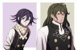  2boys ahoge alternate_costume bangs black_vest blue_background brown_background buttons checkered checkered_scarf cheer_(cheerkitty14) dangan_ronpa_(series) dangan_ronpa_v3:_killing_harmony double-breasted english_commentary flipped_hair glasses gokuhara_gonta green_hair green_scarf hair_between_eyes highres long_hair long_sleeves male_focus multiple_boys ouma_kokichi round_eyewear scarf shirt smile upper_body vest violet_eyes white_scarf white_shirt 