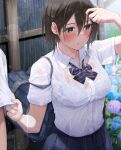  1girl bag black_hair blue_neckwear bow bowtie breasts collared_shirt fed_(giba) grey_eyes hair_between_eyes medium_breasts original rain school_bag school_uniform see-through shirt short_hair short_sleeves solo_focus striped striped_neckwear wet wet_clothes white_shirt 