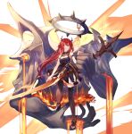  1girl arknights bare_shoulders collar demon_girl demon_horns dress high_heels highres holding holding_weapon horns kneehighs long_hair looking_at_viewer molten_rock pixerite redhead solo spiked_collar spikes surtr_(arknights) sword weapon 