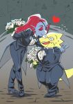 2girls :d absurdres alphys blush bouquet closed_eyes flower formal full_body glasses head_fins height_difference highres kiss leaning_forward lesbians multiple_girls open_mouth pant_suit queer smile suit tailcoat tiduco undertale undyne white_flower wife_and_wife yuri
