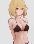  1girl arms_behind_back bangs bare_shoulders bikini blonde_hair breasts closed_mouth grey_background hair_between_eyes large_breasts light_blush light_smile looking_at_viewer navel red_eyes reddizen rumia simple_background solo swimsuit touhou upper_body 
