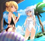  2girls absurdres ass bare_arms bare_shoulders bikini black_wings blonde_hair bow breasts casual_one-piece_swimsuit closed_mouth commentary_request day demon_girl demon_tail demon_wings double_bun food hair_bow highres holding holding_food ice_cream long_hair looking_at_viewer low_wings medium_breasts multiple_girls one-piece_swimsuit original outdoors palm_tree parted_lips pointy_ears red_bikini red_bow red_eyes side-tie_bikini silver_hair standing swimsuit tail taruton_(konritu0821) transparent tree very_long_hair water white_swimsuit wings 