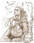  1boy arrow_(projectile) belt bird bracer braid cape commentary dated elf highres hood hood_down hooded_robe kazuki-mendou legendarium legolas long_hair male_focus monochrome parted_lips pointy_ears quiver robe seagull sepia signature solo the_lord_of_the_rings 