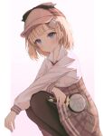  1girl black_legwear blonde_hair blue_eyes breasts detective hair_ornament hat highres holding_magnifying_glass hololive hololive_english holomyth looking_at_viewer monocle_hair_ornament necktie okey short_hair smile solo virtual_youtuber watson_amelia 