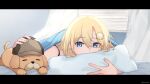  1girl bangs bed_sheet blonde_hair blue_eyes bubba_(watson_amelia) curtains deerstalker dog eyebrows_visible_through_hair hair_ornament hat highres hololive hololive_english monocle_hair_ornament orinte petting pillow under_covers virtual_youtuber watson_amelia window 