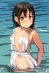  1girl absurdres bangs bare_arms bare_shoulders black_hair blush brown_eyes collarbone day eyebrows_visible_through_hair hair_between_eyes highres long_hair looking_at_viewer matsunaga_kouyou navel nose_blush original outdoors parted_lips see-through solo water 