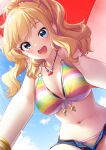 1girl :d absurdres bikini blonde_hair blue_eyes blue_shorts blue_sky breasts clouds commentary_request day eyebrows_visible_through_hair from_below highres idolmaster idolmaster_cinderella_girls jewelry large_breasts long_hair mikapoe multicolored multicolored_bikini multicolored_clothes navel necklace ohtsuki_yui ootsuki_yui open_mouth outdoors parasol ponytail shorts sky smile solo striped striped_bikini sunlight swimsuit teeth umbrella unbuttoned unbuttoned_shorts upper_teeth
