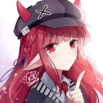  1girl arknights black_headwear braid closed_mouth gou_lianlian_dogface horns index_finger_raised looking_at_viewer necktie pointy_ears portrait red_eyes redhead sample smile snow snowing solo vigna_(arknights) 