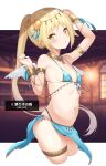  1girl arm_up armband bare_shoulders bikini bikini_bottom bikini_skirt bikini_top blonde_hair blurry blurry_background blush bracelet breasts commentary_request eyebrows_visible_through_hair feathered_wings gem high_ponytail highres indoors jewelry long_hair looking_at_viewer navel necklace open_mouth small_breasts star_(symbol) starlight_i sweat sweating_profusely swimsuit tassel thigh_strap translation_request unizou viprpg window wings yellow_eyes 