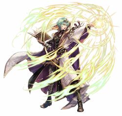  1boy armor asymmetrical_clothes bangs book boots byleth_(fire_emblem) byleth_eisner_(male) cape collar collared_shirt dagger dynamic_pose fire_emblem fire_emblem:_three_houses fire_emblem_heroes full_body gloves green_eyes green_hair hagiya_kaoru hair_ornament holding holding_book knife long_sleeves magic nintendo official_art sheath sheathed shirt short_hair solo weapon 