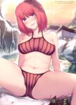  1girl arm_support artist_name bangs bare_shoulders bikini blue_eyes blunt_bangs breasts breasts_apart building collarbone commentary day english_commentary go-toubun_no_hanayome hair_ornament_removed head_tilt highres kimoshi looking_at_viewer medium_breasts nakano_nino navel onsen open_mouth outdoors patreon_logo pink_bikini pink_hair rock short_hair sitting solo spread_legs stomach striped swimsuit thighs vertical-striped_bikini vertical_stripes water watermark web_address yellow_sky 