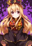  1girl bangs black_dress blonde_hair breasts closed_mouth cowboy_shot dress eyebrows_visible_through_hair headdress highres junko_(touhou) long_hair long_sleeves looking_at_viewer medium_breasts purple_background red_eyes ruu_(tksymkw) smile solo standing tabard touhou v_arms wide_sleeves 