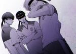  3boys arm_up bangs chiroru covered_mouth crossed_arms dutch_angle fujiyama_arashi glasses habataki_academy_uniform hair_slicked_back headband jewelry konno_tamao looking_at_viewer male_focus monochrome multiple_boys parted_lips purple_theme ring sakurai_kouichi short_hair short_sleeves sleeves_rolled_up spot_color tokimeki_memorial tokimeki_memorial_girl&#039;s_side tokimeki_memorial_girl&#039;s_side_3rd_story uneven_eyes white_background 