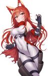  1girl absurdres animal_ear_fluff animal_ears black_gloves blush bodysuit breasts cape clenched_teeth copyright_request covered_navel fingerless_gloves gloves highres ichi-jirushi long_hair looking_at_viewer medium_breasts red_cape red_eyes redhead simple_background smile solo teeth torn_cape torn_clothes white_background white_bodysuit 