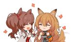  2girls :d :t ^_^ angelina_(arknights) angelina_(summer_flowers)_(arknights) animal_ears arknights bangs black_choker brown_hair cake ceobe_(arknights) ceobe_(summer_flowers)_(arknights) chibi choker closed_eyes commentary_request eyebrows_visible_through_hair fang food fox_ears infection_monitor_(arknights) long_hair multiple_girls open_mouth simple_background smile spacelongcat twintails upper_body very_long_hair white_background 