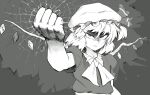  1girl bangs clenched_hand closed_mouth crystal english_commentary flandre_scarlet greyscale hat highres looking_at_viewer mob_cap monochrome shaded_face shirt short_hair short_sleeves side_ponytail solo touhou upper_body v-shaped_eyes wakaburger wings 