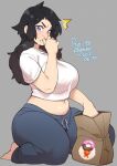  1girl 2021 agawa_ryou belly black_hair blue_eyes breasts dated food food_on_face grey_background large_breasts long_hair looking_at_viewer navel original plump seiza simple_background sitting solo thick_thighs thighs wide_hips 