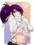  13-gou 1girl belt character_request long_hair looking_at_viewer navel purple_hair side_ponytail solo sweater yellow_eyes 
