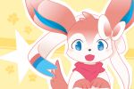  absurdres ancesra animal_focus bandana blue_eyes blush commentary english_commentary gen_6_pokemon happy highres light_blush looking_at_viewer mixed-language_commentary no_humans open_mouth outline paw_print paw_print_background pink_neckwear pokemon pokemon_(creature) smile solo star_(symbol) straight-on sylveon upper_body white_outline yellow_background 