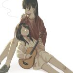  2girls bare_legs black_hair cigarette closed_eyes commentary grey_footwear guitar hand_up holding holding_cigarette holding_instrument instrument inuko_(ink0425) jewelry lap_pillow leaning_on_person long_hair long_sleeves multiple_girls music no_pants open_mouth original oversized_clothes oversized_shirt playing_instrument red_sweater ring shirt shoes simple_background singing smoke smoking sneakers socks sweater white_background white_legwear white_shirt yuri 