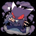  1girl @_@ black_footwear blush clenched_hands dress gen_1_pokemon gengar grin hairband hex_maniac_(pokemon) highres holding_another looking_at_another open_mouth pokemon purple_dress purple_hair rariatto_(ganguri) red_eyes smile smoke sweatdrop 