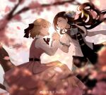  2girls bad_id bangs belt black_hair blonde_hair blouse blue_eyes bow bowtie branch cherry_blossoms dress earrings elbow_gloves flower gloves hair_flower hair_ornament hair_ribbon highres holding_hands jewelry katarina_claes lohel looking_at_another lying maria_campbell multiple_girls nanako_(user_zcmj5835) open_mouth otome_game_no_hametsu_flag_shika_nai_akuyaku_reijou_ni_tensei_shite_shimatta petals ribbon short_hair sleeveless sleeveless_dress smile tears tree watermark white_gloves 