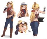  1girl abs absurdres artist_name bandage_over_one_eye bangs belt black_gloves blonde_hair brown_belt character_sheet denim freckles frown gloves goggles goggles_on_head green_eyes hammer highres holding holding_hammer hololive hololive_english jeans long_hair multiple_views one_eye_covered pants scout_(gawr_gura) tfqr toned torn_clothes torn_jeans torn_pants turnaround white_background world_of_darkness wrench 