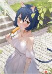  1girl absurdres animal_ears bare_arms bare_shoulders blue_hair blush branch cat_ears cat_girl cat_tail collarbone commentary_request cowboy_shot dress eating flower food grass hand_up highres holding holding_food leaf light_rays looking_at_viewer off-shoulder_dress off_shoulder orange_eyes original outdoors pinky_out popsicle red_flower sen_(sennosenn1127) short_hair solo spaghetti_strap stairs sunbeam sunlight sweat tail tongue tongue_out white_dress 