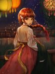 1girl bangs blunt_bangs blurry blurry_background bow braid brown_eyes brown_hair commentary_request floral_print flower from_behind hair_flower hair_ornament hair_ribbon hanbok highres holding kama_(kama_ovo) korean_clothes lamp lantern long_hair long_sleeves looking_at_viewer looking_back night night_sky original outdoors parted_lips pink_ribbon red_ribbon ribbon sky solo star_(sky) starry_sky teeth water yellow_bow 