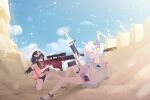  2girls aiming anti-materiel_rifle assault_rifle azusa_(blue_archive) battle black_hair blue_archive covering gun hair_ornament halo headband jacket long_hair mashiro_(blue_archive) multiple_girls official_art rifle sand scope short_hair silver_hair sky sniper_rifle swimsuit water water_drop weapon wings 