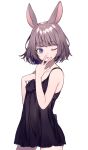  1girl :3 animal_ears bangs bare_arms black_dress blue_eyes brown_hair character_request copyright_request dress eyebrows_visible_through_hair flat_chest looking_at_viewer one_eye_closed rabbit_ears rabbit_girl short_hair shugao solo symbol_commentary tongue w 