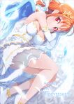  1girl ahoge angel_wings blue_feathers blue_wings breasts dress hair_ribbon kitahara_tomoe_(kitahara_koubou) looking_at_viewer love_live! love_live!_sunshine!! lying medium_breasts on_side orange_hair red_eyes ribbon short_hair smile solo strapless strapless_dress takami_chika twitter_username white_dress white_ribbon wings 