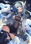  1girl black_hairband black_legwear blue_gloves blue_hair blue_neckwear bodystocking breasts breasts_apart cape center_opening closed_mouth covered_navel cowboy_shot eula_(genshin_impact) genshin_impact gloves hair_ornament hairband hand_on_own_face highres holding holding_sword holding_weapon leotard long_sleeves medium_breasts necktie shimotsuki_shio skindentation solo sword thigh-highs weapon yellow_eyes 