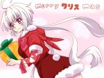  1girl alternate_costume arm_ribbon blush box coat dutch_angle emmxd325 fur-trimmed_coat fur_trim gift gift_box green_ribbon grey_hair highres long_hair merry_christmas pink_ribbon ribbon santa_costume senki_zesshou_symphogear smile solo violet_eyes wavy_mouth yukine_chris 