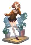  1girl :o acrylicstroke brown_footwear brown_hair bug butterfly checkered checkered_skirt commission full_body glasses highres insect jacket original plant pleated_skirt short_hair simple_background skirt solo sweater_jacket thigh-highs vase white_background white_legwear 