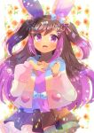  1girl :d animal_ear_fluff animal_ears bangs blue_bow bow brown_hair brown_skirt character_request commentary_request eyebrows_visible_through_hair gradient_hair hair_between_eyes hands_up hood hood_down hooded_jacket indie_virtual_youtuber jacket kouu_hiyoyo layered_skirt long_hair looking_at_viewer multicolored_hair open_clothes open_jacket open_mouth pink_hair pleated_skirt puffy_short_sleeves puffy_sleeves purple_bow purple_shirt rabbit_ears shirt short_sleeves skirt smile solo star_(symbol) two_side_up very_long_hair violet_eyes virtual_youtuber 