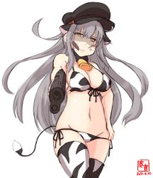  1girl absurdres aiming alternate_costume anger_vein animal_ears animal_print artist_logo bell bikini black_headwear breasts commentary_request cow_ears cow_horns cow_print cow_tail cowbell cowboy_shot dated fake_animal_ears fake_horns front-tie_top gangut_(kancolle) grey_hair gun hat highres horns kanon_(kurogane_knights) kantai_collection large_breasts long_hair looking_at_viewer lowleg lowleg_bikini one-hour_drawing_challenge orange_eyes peaked_cap scar scar_on_cheek scar_on_face side-tie_bikini simple_background solo swimsuit tail weapon white_background white_bikini white_legwear 