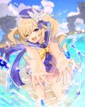  1girl ;d artist_name barbara_(genshin_impact) barbara_(summertime_sparkle)_(genshin_impact) beach blonde_hair blue_eyes blue_sky bow clouds drill_hair flower genshin_impact hair_flower hair_ornament hat highres looking_at_viewer mitchellmarrker one_eye_closed open_mouth outstretched_arms partially_submerged sailor_collar sailor_hat sky smile splashing swimsuit twin_drills twintails water yellow_bow 