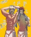  2boys abs blonde_hair granblue_fantasy green_eyes multiple_boys muscular muscular_male paaaber18 pectorals percival_(granblue_fantasy) redhead towel towel_around_waist towel_on_head vane_(granblue_fantasy) 