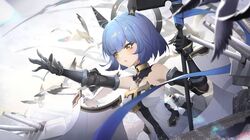  1girl armpits azur_lane bangs bare_shoulders bird blue_hair blunt_bangs commentary_request cross cross_choker cross_necklace dress elbow_gloves eyebrows_visible_through_hair eyes_visible_through_hair gascogne_(azur_lane) gauntlets gloves headgear highres holding holding_scepter jewelry looking_afar looking_away machinery necklace parted_lips reaching scepter seagull short_hair sidelocks strapless strapless_dress turret white_dress xiaoxiao_nanjue_buyaokeng yellow_eyes 