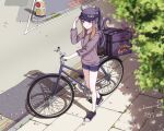  1girl absurdres bicycle dated gradient_hair ground_vehicle highres hololive hololive_english long_hair multicolored_hair ninomae_ina&#039;nis pointy_ears public purple_hair shadow standing tako_(ninomae_ina&#039;nis) tentacle_hair tentacles virtual_youtuber zeng$_(zwj) 