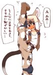  1girl 370ml animal_ears arms_up baggy_pants bangs belt black_hair blush boots brown_hair embarrassed eyebrows_visible_through_hair fingerless_gloves flexible flying_sweatdrops fur_trim gambian_pouched_rat_(kemono_friends) gloves hair_between_eyes highres kemono_friends kemono_friends_3 knee_pads leg_hold leg_lift leg_up looking_at_viewer medium_hair multicolored_hair nose_blush open_clothes open_mouth open_vest pants pocket print_pants shirt short_sleeves simple_background smile solo split spread_legs standing standing_on_one_leg standing_split stretch tail translation_request vest white_background white_hair white_shirt wide_spread_legs 