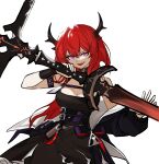  arknights bag black_dress demon_girl demon_horns dress fingerless_gloves gloves highres holding holding_weapon horns infection_monitor_(arknights) jacket long_hair looking_to_the_side no_(xpxz7347) redhead rhodes_island_logo surtr_(arknights) sword violet_eyes weapon 