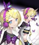  1boy 1girl arm_warmers bangs black_collar black_shorts blonde_hair blue_eyes bug butterfly butterfly_on_nose butterfly_on_shoulder collar collared_shirt commentary hair_ornament hairclip headphones highres insect kagamine_len kagamine_rin light_smile lips looking_at_viewer looking_to_the_side migikata_no_chou_(vocaloid) neckerchief necktie purple_butterfly sailor_collar school_uniform shirt short_hair short_ponytail short_sleeves shorts soyaka spiky_hair standing swept_bangs upper_body vocaloid white_shirt yellow_neckwear 