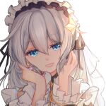  1girl bangs blue_eyes earrings emio hair_between_eyes hair_ornament hands_on_own_cheeks hands_on_own_face highres honkai_(series) honkai_impact_3rd jewelry looking_at_viewer open_mouth shadow simple_background solo teeth theresa_apocalypse theresa_apocalypse_(celestial_hymn) twintails white_background white_hair 