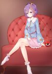  1girl absurdres bangs black_hairband blue_shirt closed_mouth couch crossed_legs full_body hairband hand_on_lap heart highres komeiji_satori long_sleeves looking_at_viewer mantou_xiang on_couch pink_eyes pink_hair pink_skirt purple_hair shirt short_hair sitting skirt socks solo third_eye touhou white_legwear wide_sleeves 