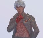  1boy absurdres black_jacket blue_eyes cross cross_necklace cry_sinkai gloves hand_on_own_head highres jacket jewelry k&#039; looking_at_viewer necklace simple_background sunglasses tan the_king_of_fighters white_background white_hair 